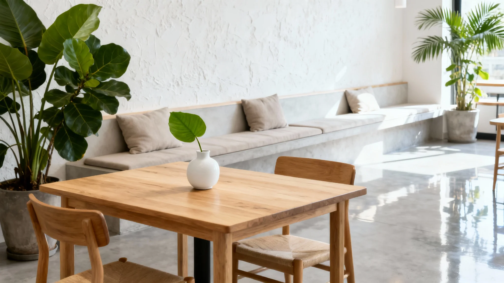 A bright and airy cafe interior designed in a minimalist Japandi style, featuring light wood furniture, abundant green plants, and large windows that fill the space with natural light.