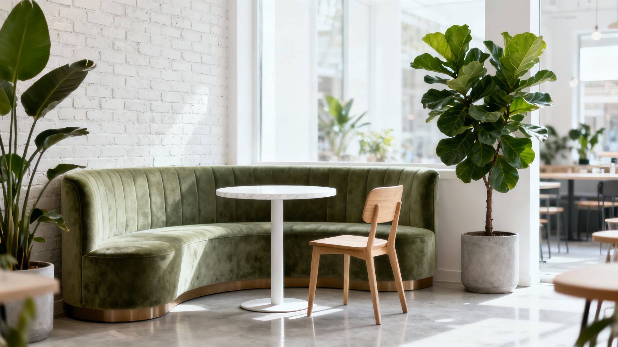 A stylish and modern cafe interior with sage green velvet seating, a marble table, and large plants, showcased as a design mockup on a white background.