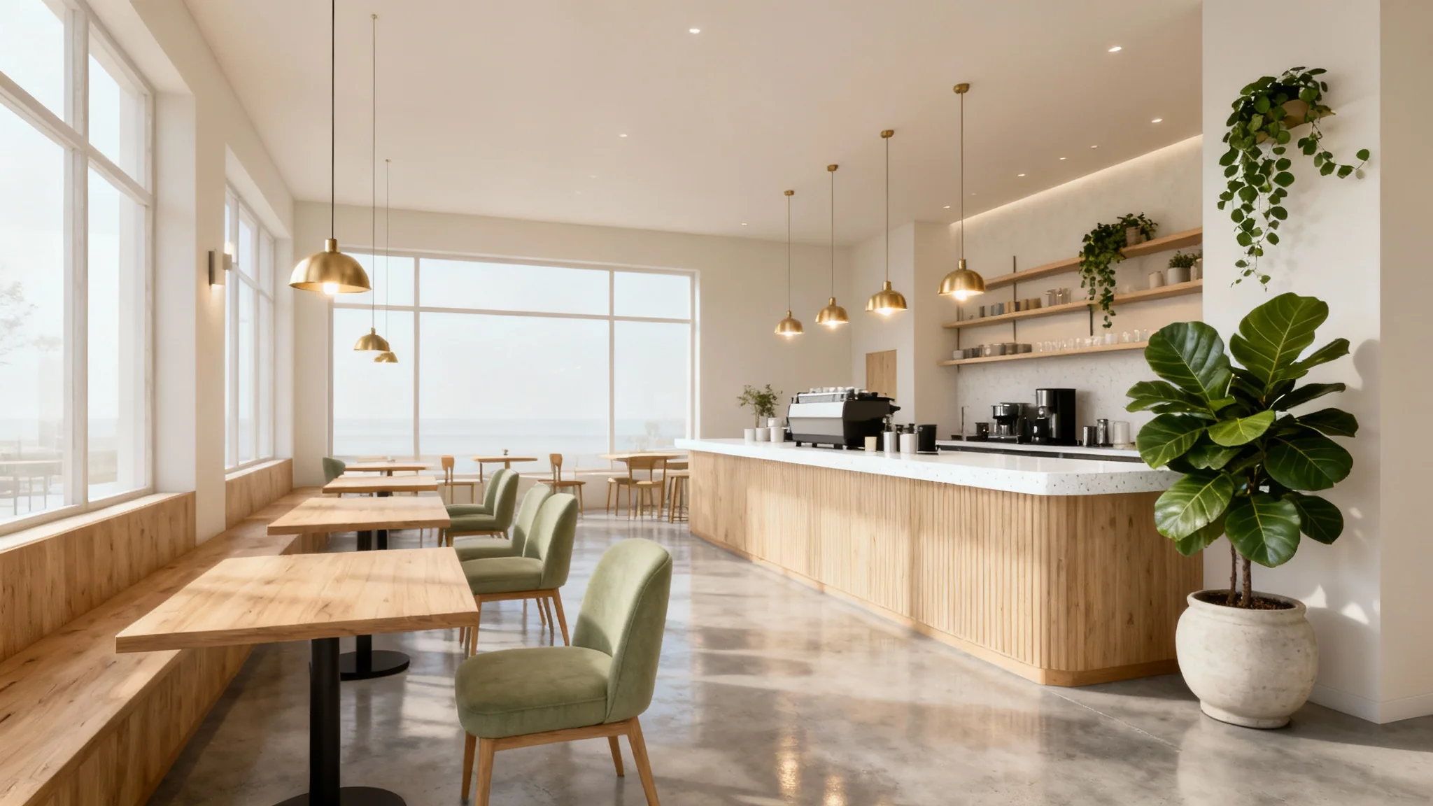 A photorealistic rendering of a modern cafe interior, showcasing a bright and airy space with light wood furniture, large windows, and lush green plants in a minimalist style.