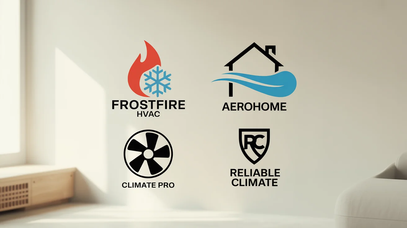 A showcase of four professionally designed logos for HVAC companies on a clean background, representing the final output of a logo design tool.