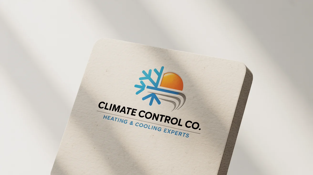 A photorealistic mockup of a modern HVAC logo for 'Climate Control Co.' on a business card, featuring integrated sun and snowflake icons to represent heating and cooling.