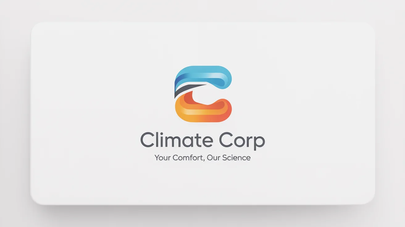 A modern logo mockup for an HVAC company named 'Climate Corp'. The logo features a blue and orange swoosh icon and is set against a clean white background.