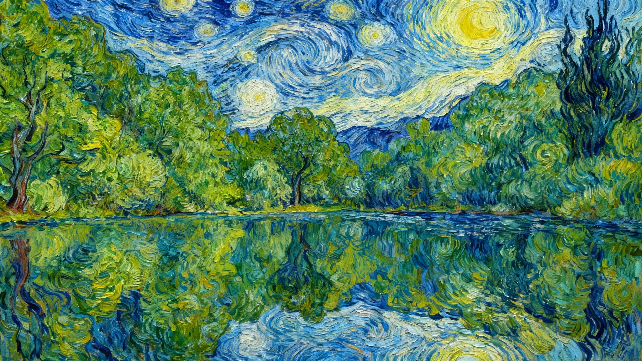 An eye-catching digital artwork showing the result of a style transfer tool: a photograph of a lake and trees has been transformed into the vibrant, swirling, post-impressionist style of Vincent van Gogh.