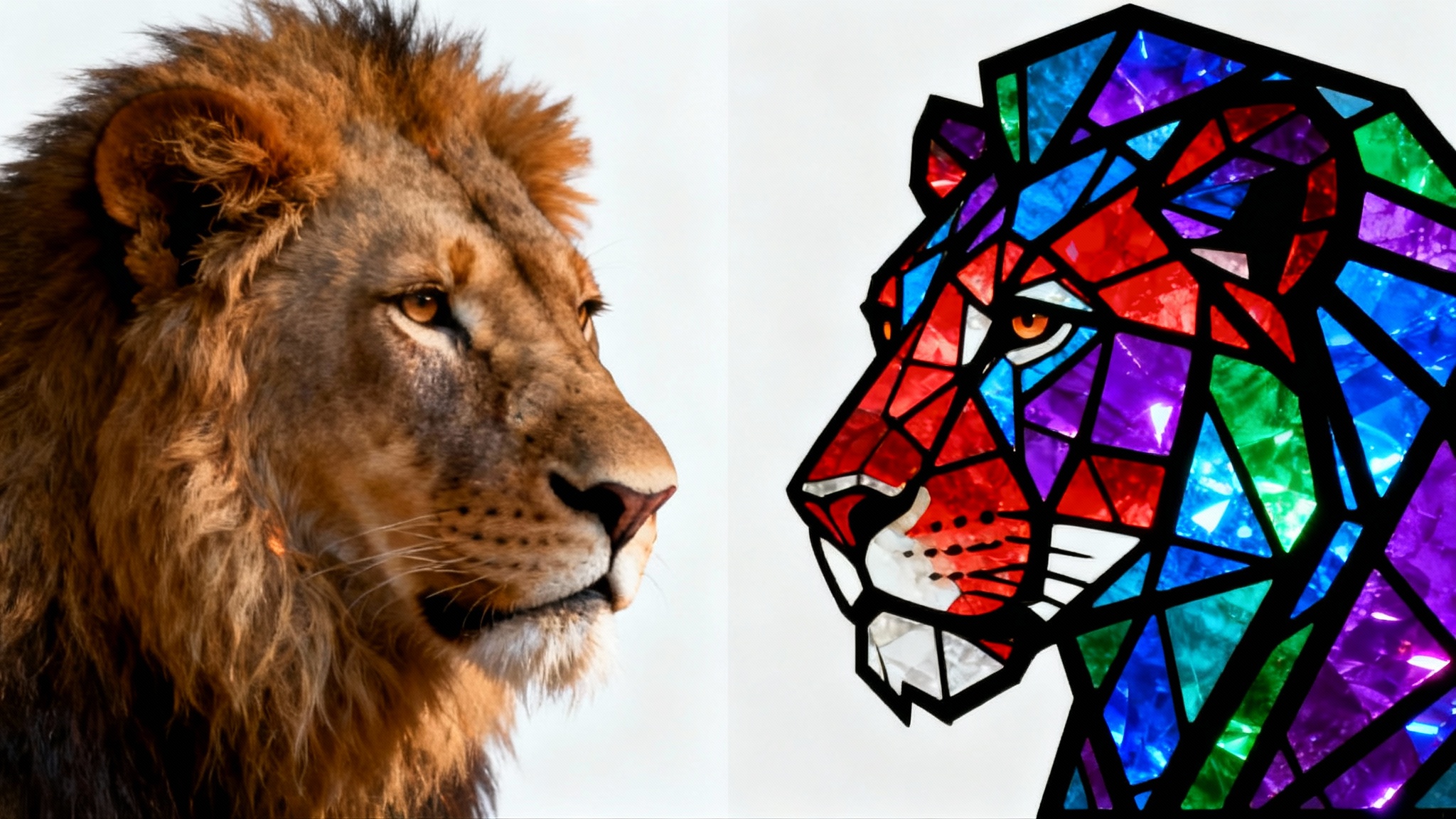 An image demonstrating style transfer, with the left side showing a photorealistic portrait of a lion and the right side showing the same portrait transformed into a geometric, colorful stained glass style.