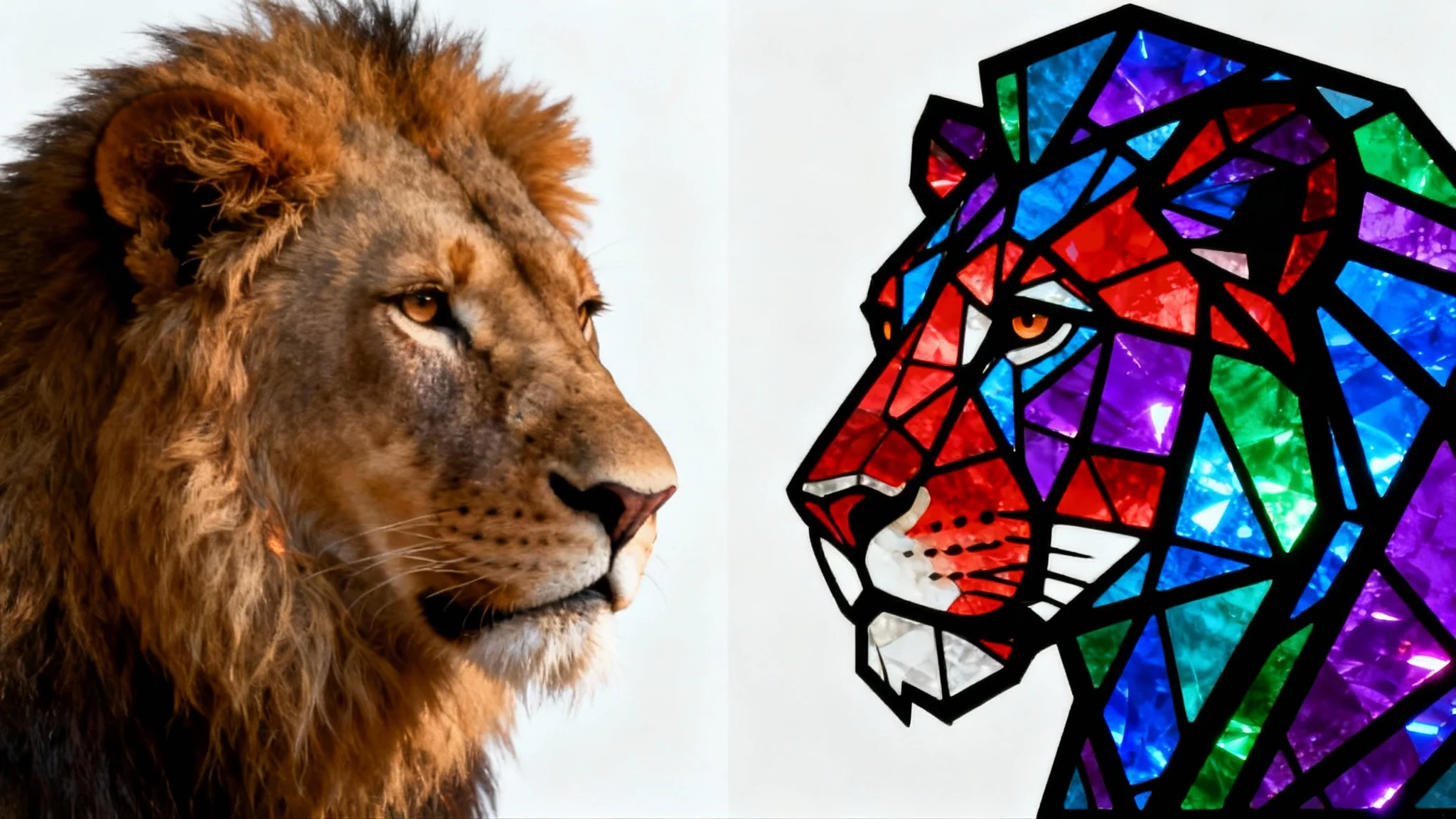 An image demonstrating style transfer, with the left side showing a photorealistic portrait of a lion and the right side showing the same portrait transformed into a geometric, colorful stained glass style.