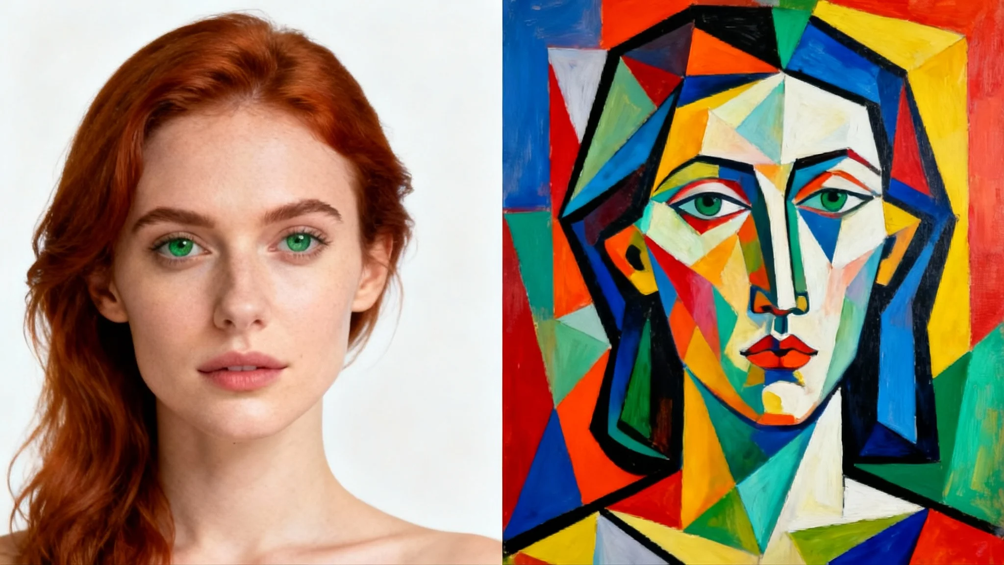 A split-image demonstrating style transfer. The left half shows a realistic portrait of a woman, while the right half shows the same portrait transformed into a colorful cubist painting.