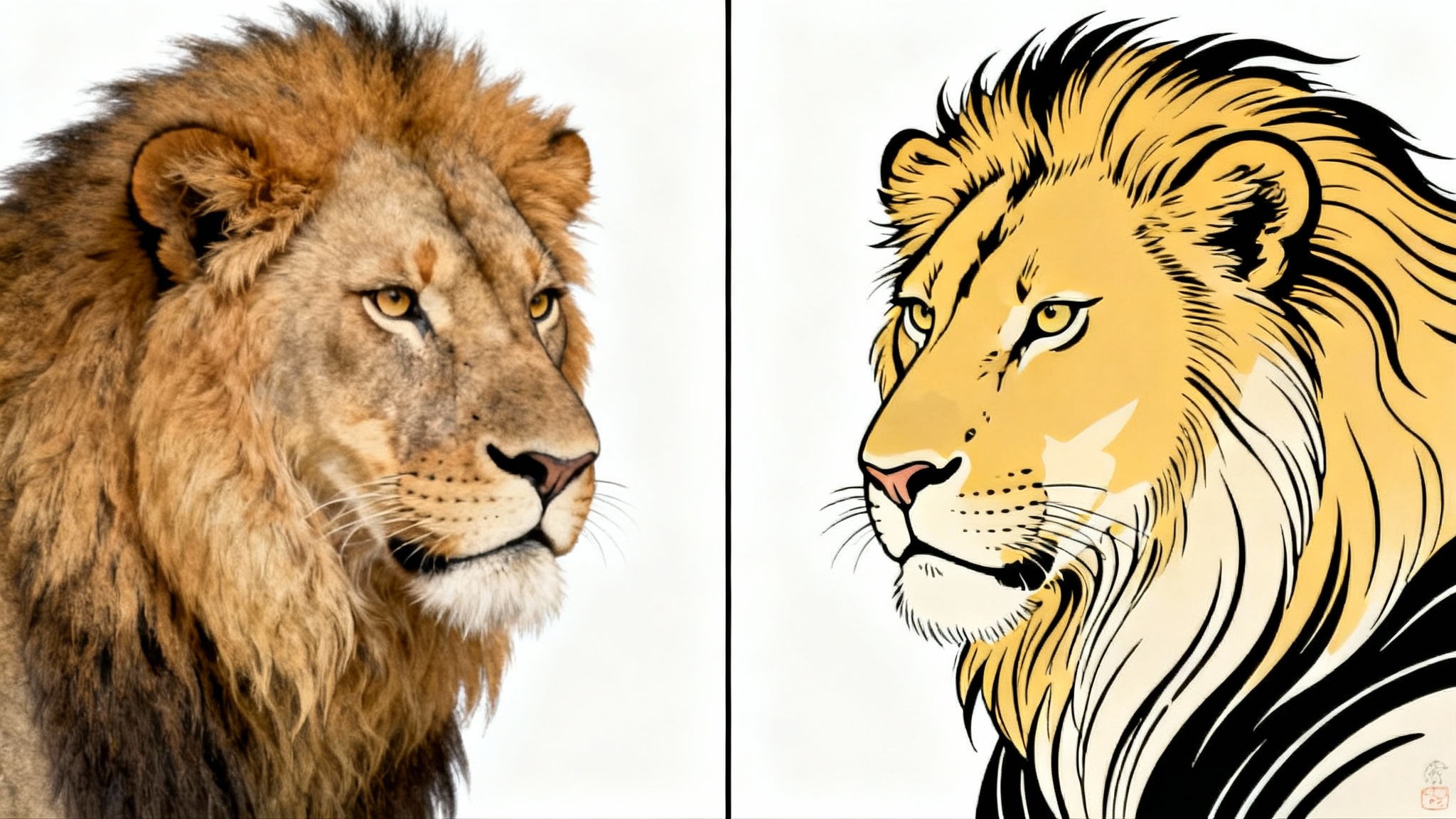 A split image demonstrating style transfer. The left side shows a photorealistic photo of a lion's head, and the right side shows the same lion's head transformed into the style of a Japanese Ukiyo-e woodblock print.