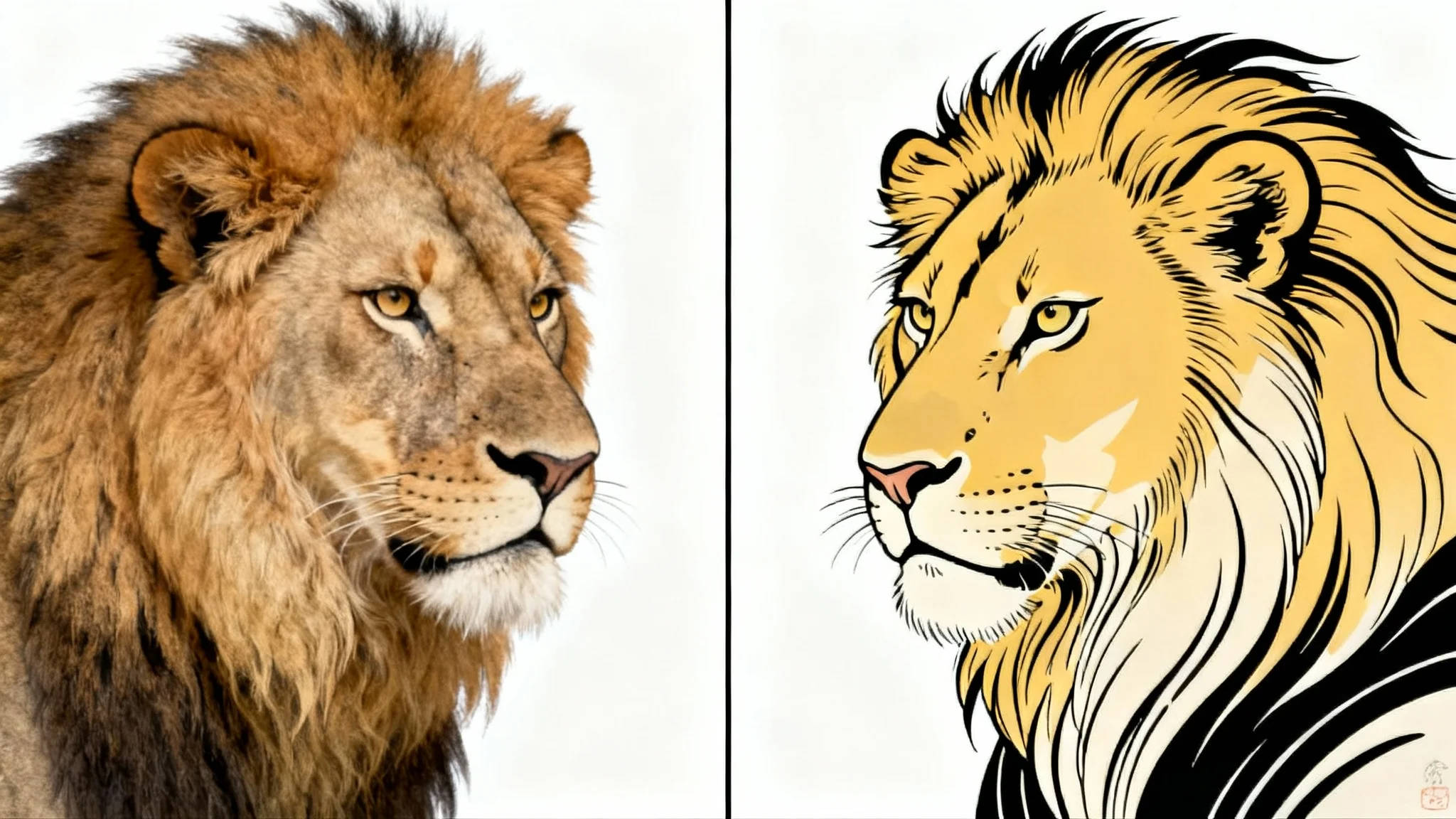 A split image demonstrating style transfer. The left side shows a photorealistic photo of a lion's head, and the right side shows the same lion's head transformed into the style of a Japanese Ukiyo-e woodblock print.