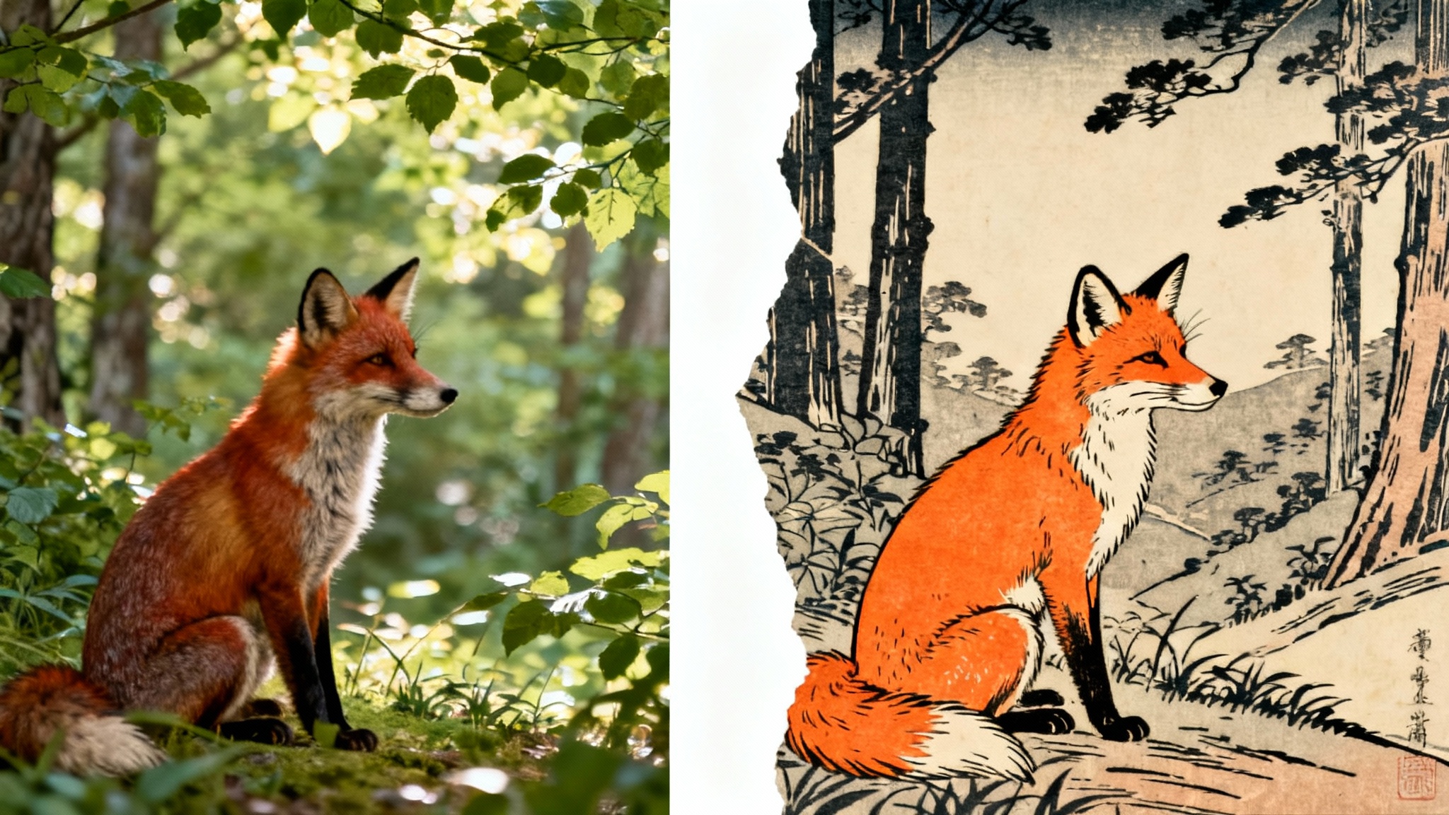 A split image demonstrating style transfer. The left half is a realistic photo of a fox in a forest, and the right half is the same scene depicted in a Japanese Ukiyo-e woodblock print style.