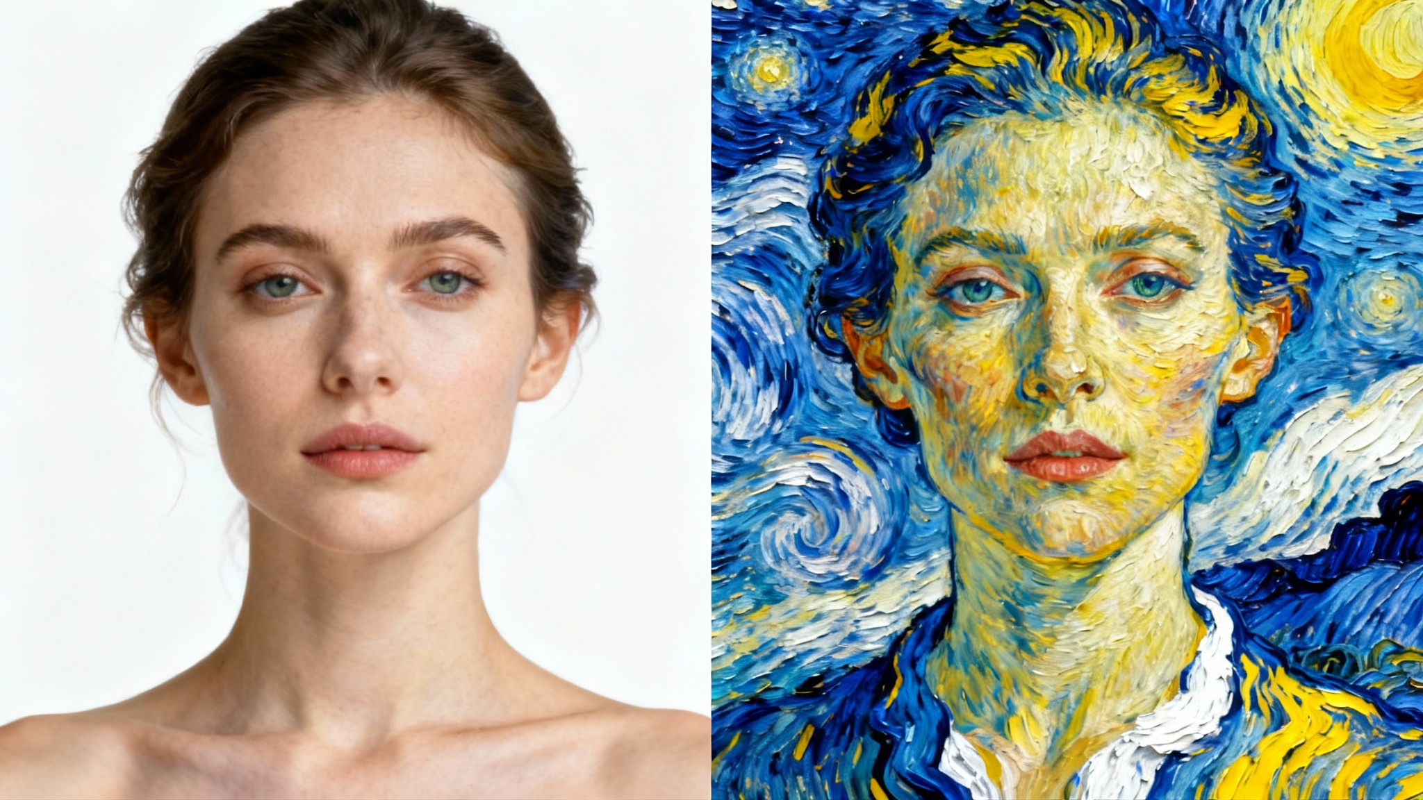 A conceptual image of style transfer, showing a woman's portrait split in two. The left half is a realistic photograph, and the right half has been transformed into the artistic style of Van Gogh's 'Starry Night'.