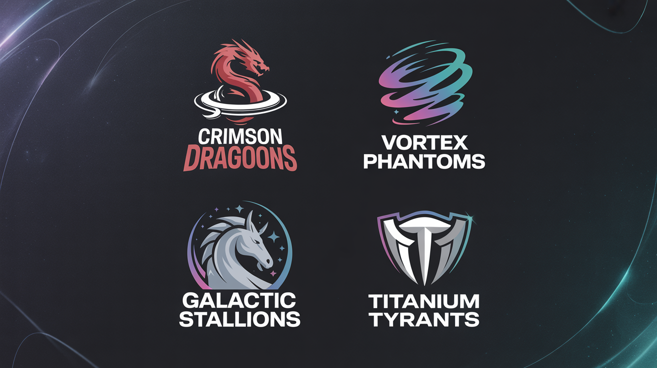 A vibrant 16:9 hero image displaying four different professional Beyblade team logos on a dark background, showcasing logo design ideas.