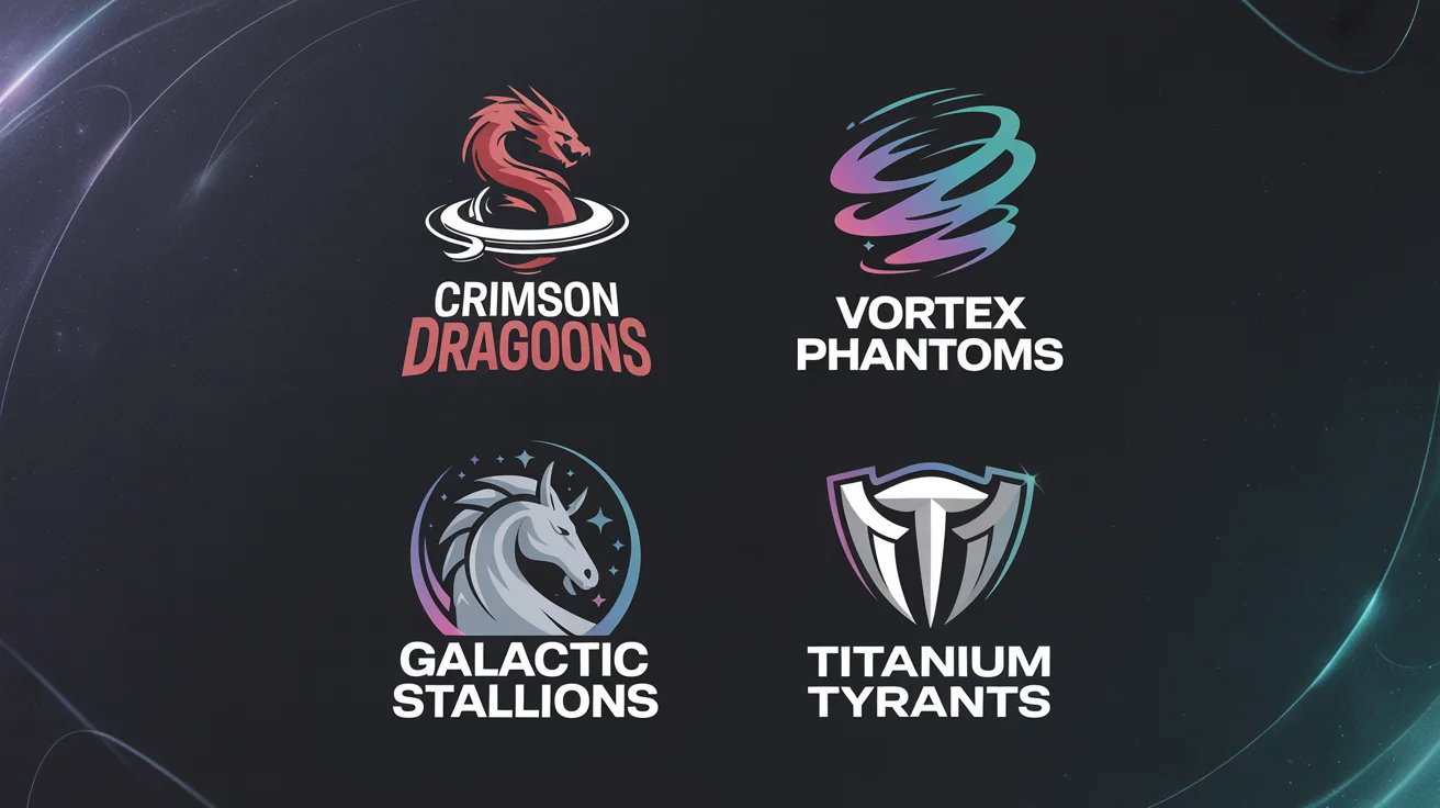 A vibrant 16:9 hero image displaying four different professional Beyblade team logos on a dark background, showcasing logo design ideas.