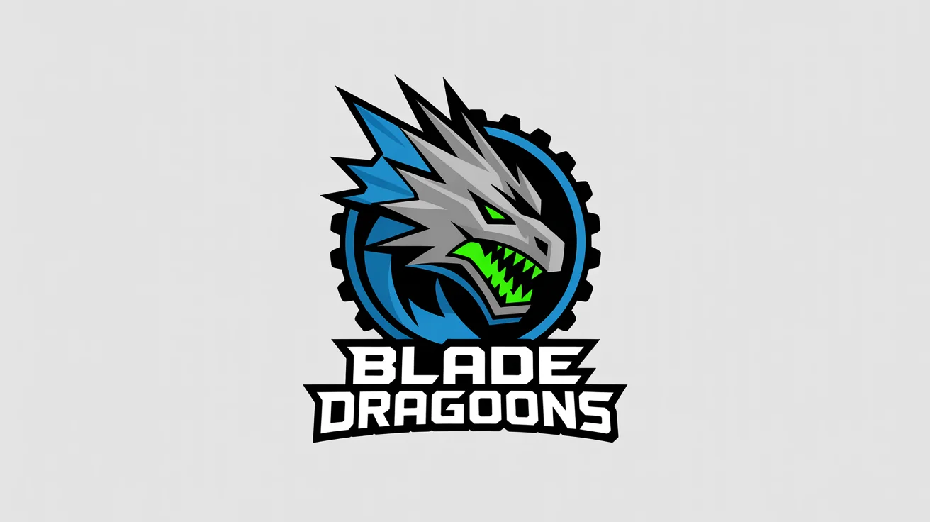 An esports logo for a Beyblade team named 'Blade Dragoons', featuring a stylized mechanical dragon head in silver and blue with glowing green eyes, set on a white background.