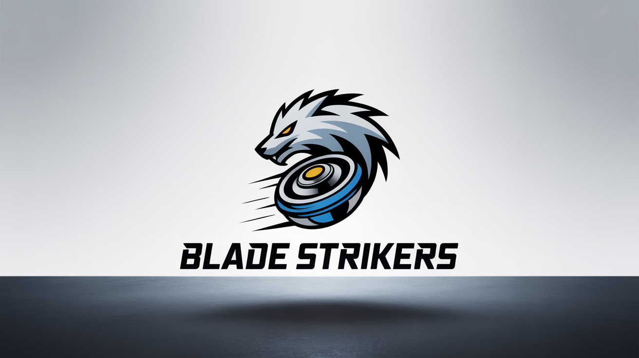 A modern and dynamic logo for a Beyblade team named 'Blade Strikers', featuring a stylized blue and silver beast fused with a spinning top, set against a clean white background.