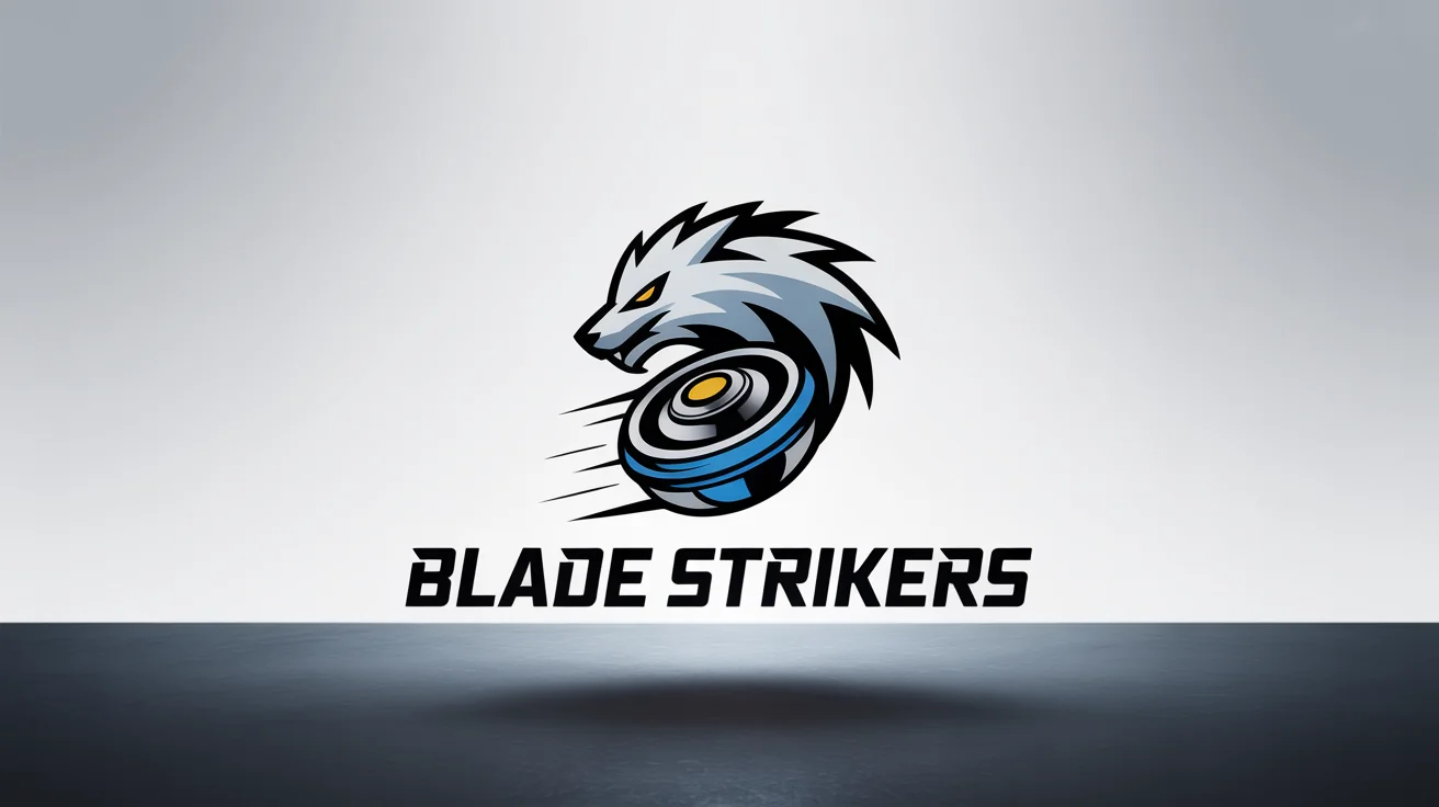 A modern and dynamic logo for a Beyblade team named 'Blade Strikers', featuring a stylized blue and silver beast fused with a spinning top, set against a clean white background.