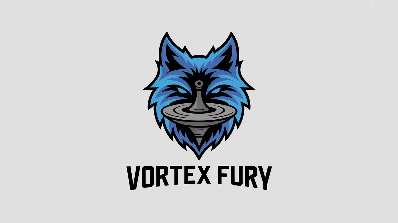 An esports logo for a Beyblade team named 'Vortex Fury'. It features a stylized, aggressive wolf made of swirling energy and metallic shards, intertwined with a futuristic spinning top. The logo is on a clean white background.