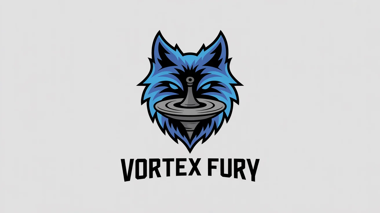 An esports logo for a Beyblade team named 'Vortex Fury'. It features a stylized, aggressive wolf made of swirling energy and metallic shards, intertwined with a futuristic spinning top. The logo is on a clean white background.