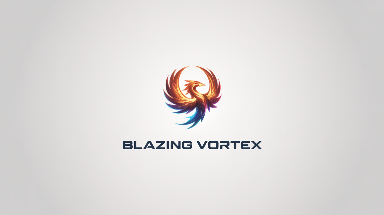 A modern esports logo for a Beyblade team called 'Blazing Vortex', featuring a metallic phoenix with orange and blue wings spinning like a top, set against a white background.