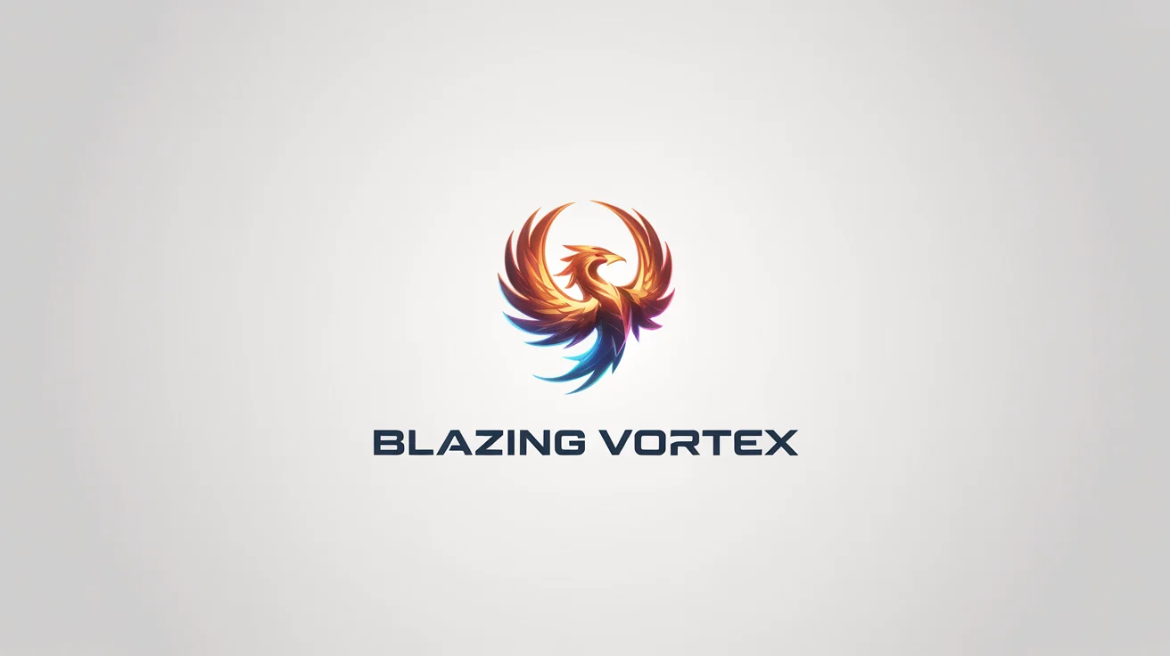 A modern esports logo for a Beyblade team called 'Blazing Vortex', featuring a metallic phoenix with orange and blue wings spinning like a top, set against a white background.