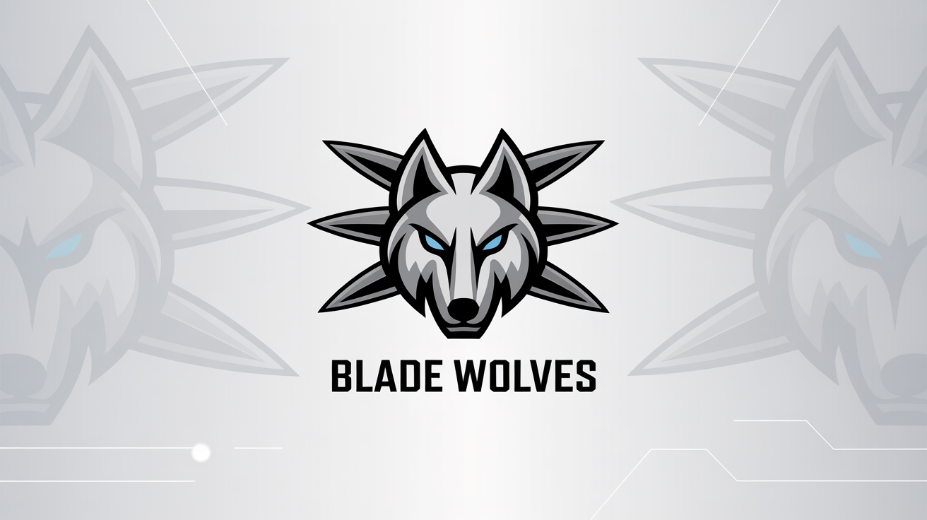 A modern esports logo for a Beyblade team named the 'Blade Wolves', featuring a stylized robotic wolf head in metallic silver and blue on a white background.