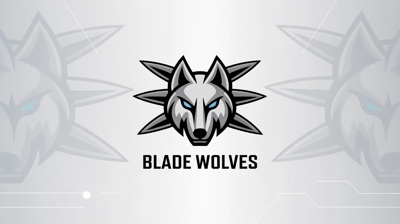 A modern esports logo for a Beyblade team named the 'Blade Wolves', featuring a stylized robotic wolf head in metallic silver and blue on a white background.