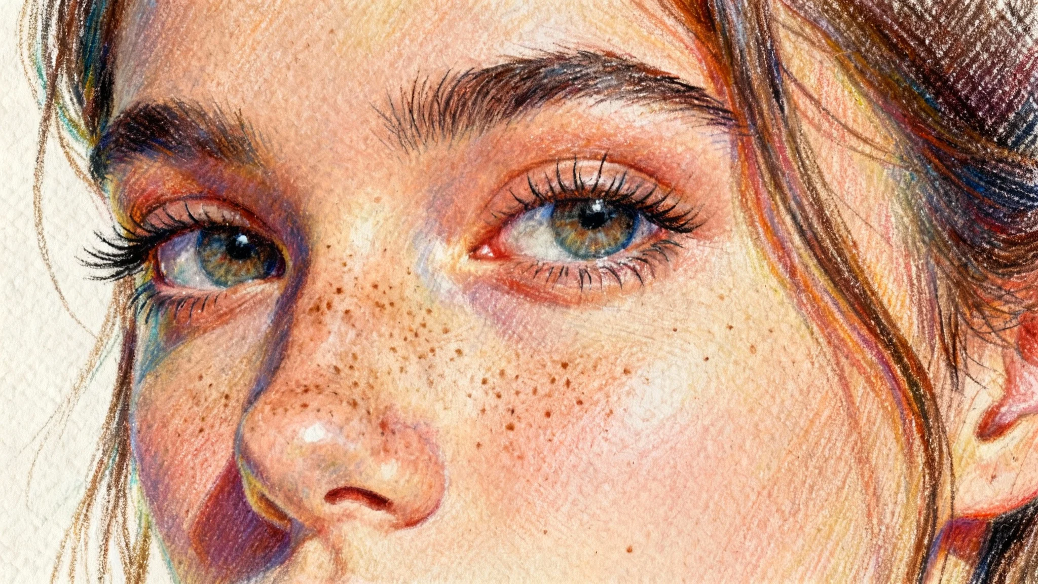 A hyperrealistic colored pencil drawing of a young woman's face, demonstrating a photo-to-drawing effect with intricate detail and vibrant, layered colors.