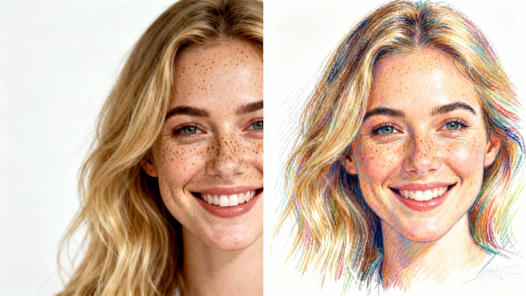 A side-by-side comparison image where the left side is a photorealistic portrait of a woman and the right side is a color pencil drawing of the same portrait, demonstrating a photo-to-drawing effect.