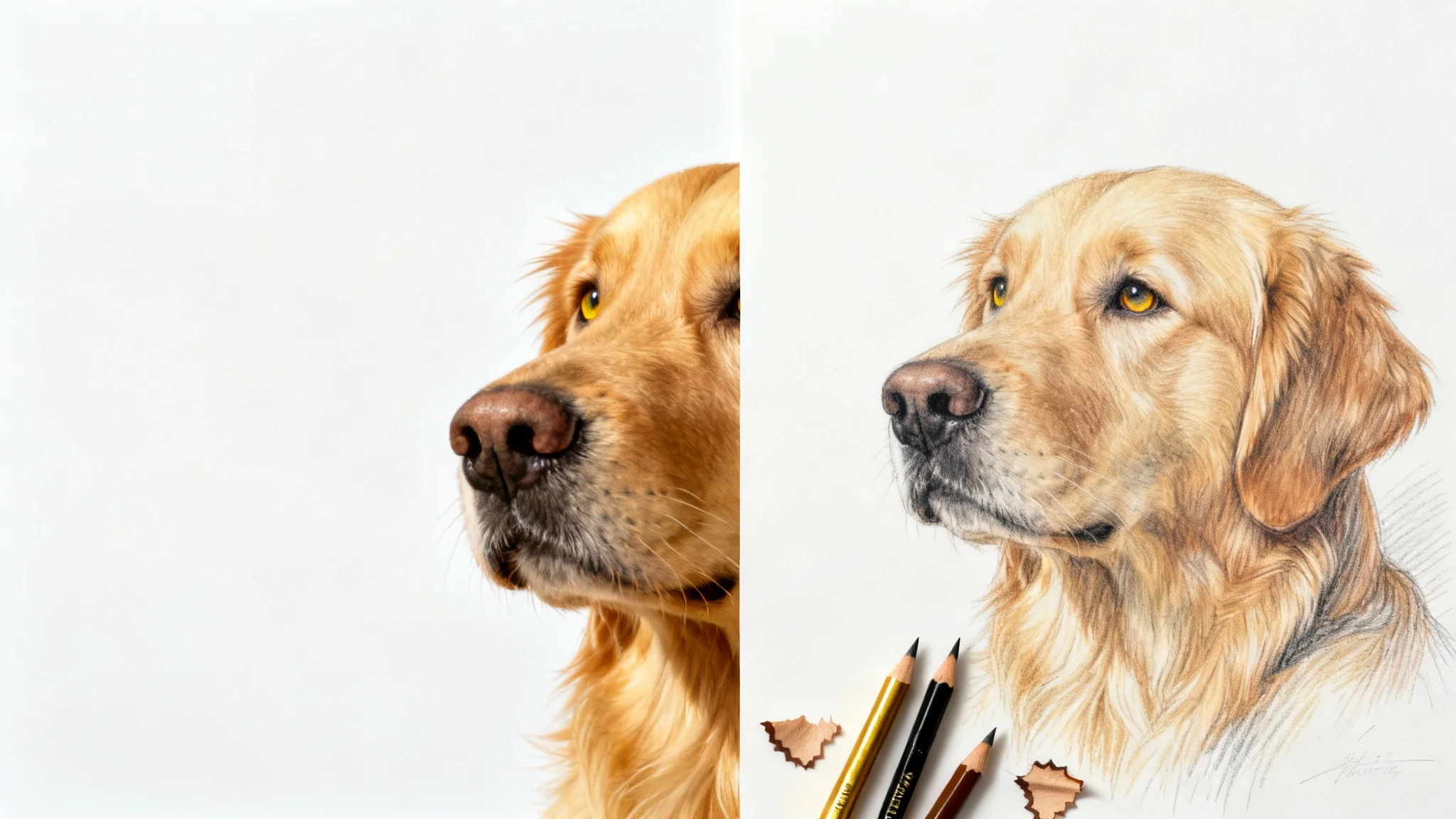 A split image showing the conversion of a photo to a drawing. The left side is a realistic photo of a golden retriever, and the right side is a detailed color pencil sketch of the same dog.