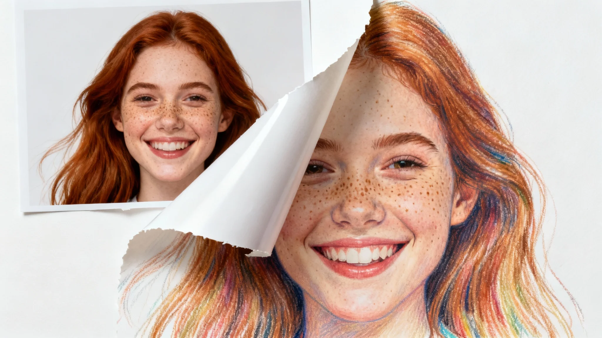 A conceptual image showing a photograph of a woman peeling away to reveal a color pencil drawing of the same woman underneath, symbolizing a photo-to-drawing transformation.