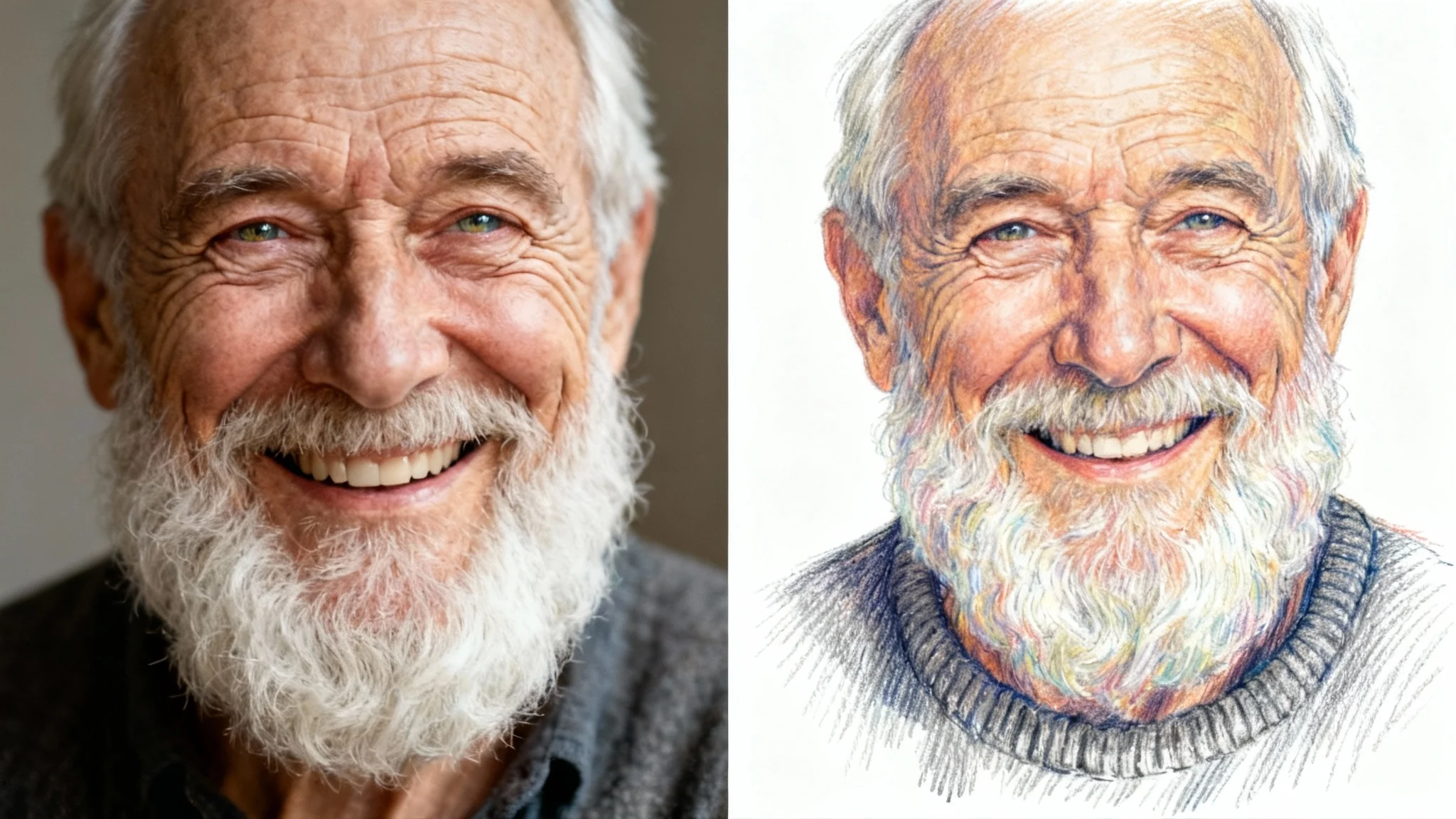 A split image demonstrating a photo-to-drawing effect. The left side is a realistic photograph of an elderly man, and the right side is a detailed colored pencil drawing of the same man.