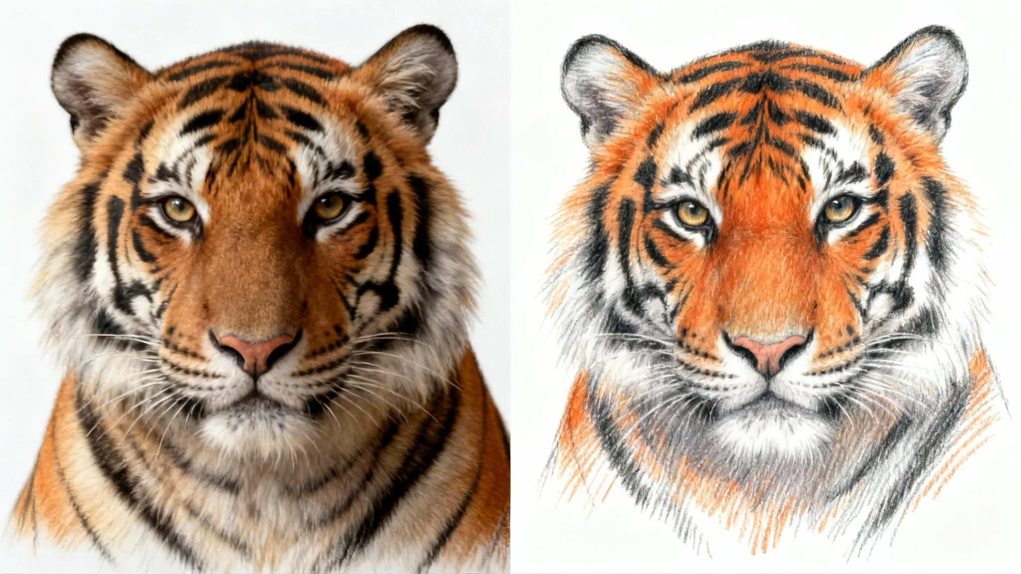 A split image showing a photo-to-drawing effect. The left side is a photograph of a tiger's face, and the right side is a detailed color pencil drawing of the same tiger.