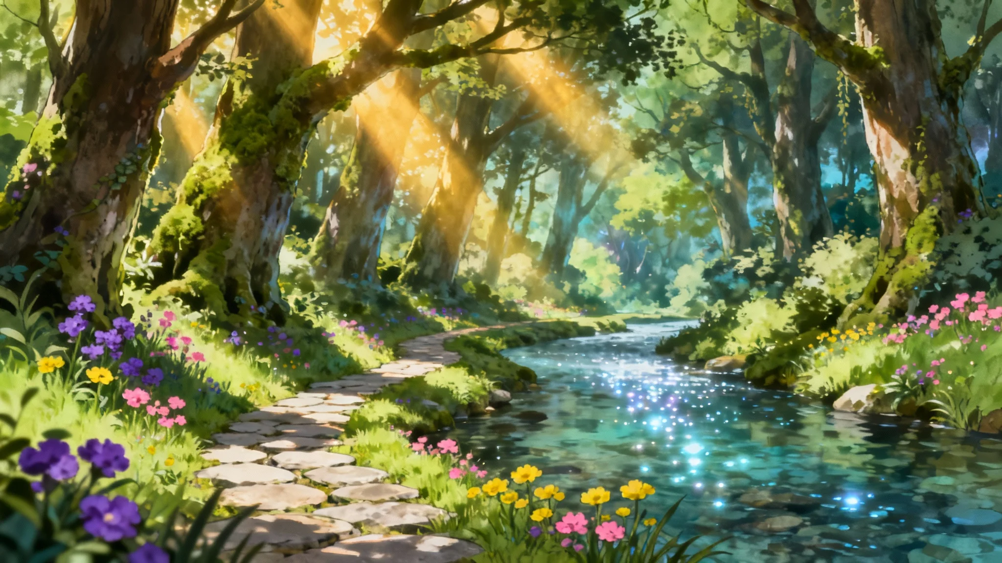 A beautiful anime-style background of a serene forest path next to a clear stream, with sunlight filtering through the trees, created using an AI generator.