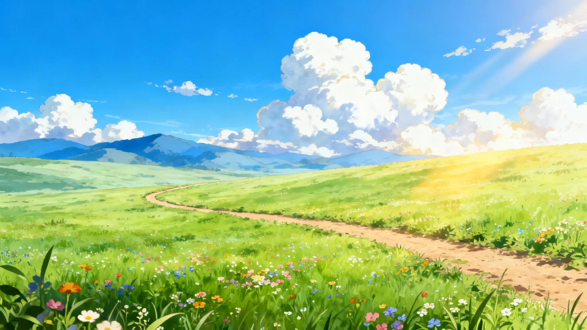 A vibrant anime-style landscape background showing a lush green field with a path leading to distant mountains under a beautiful blue sky, presented as a high-quality mockup.