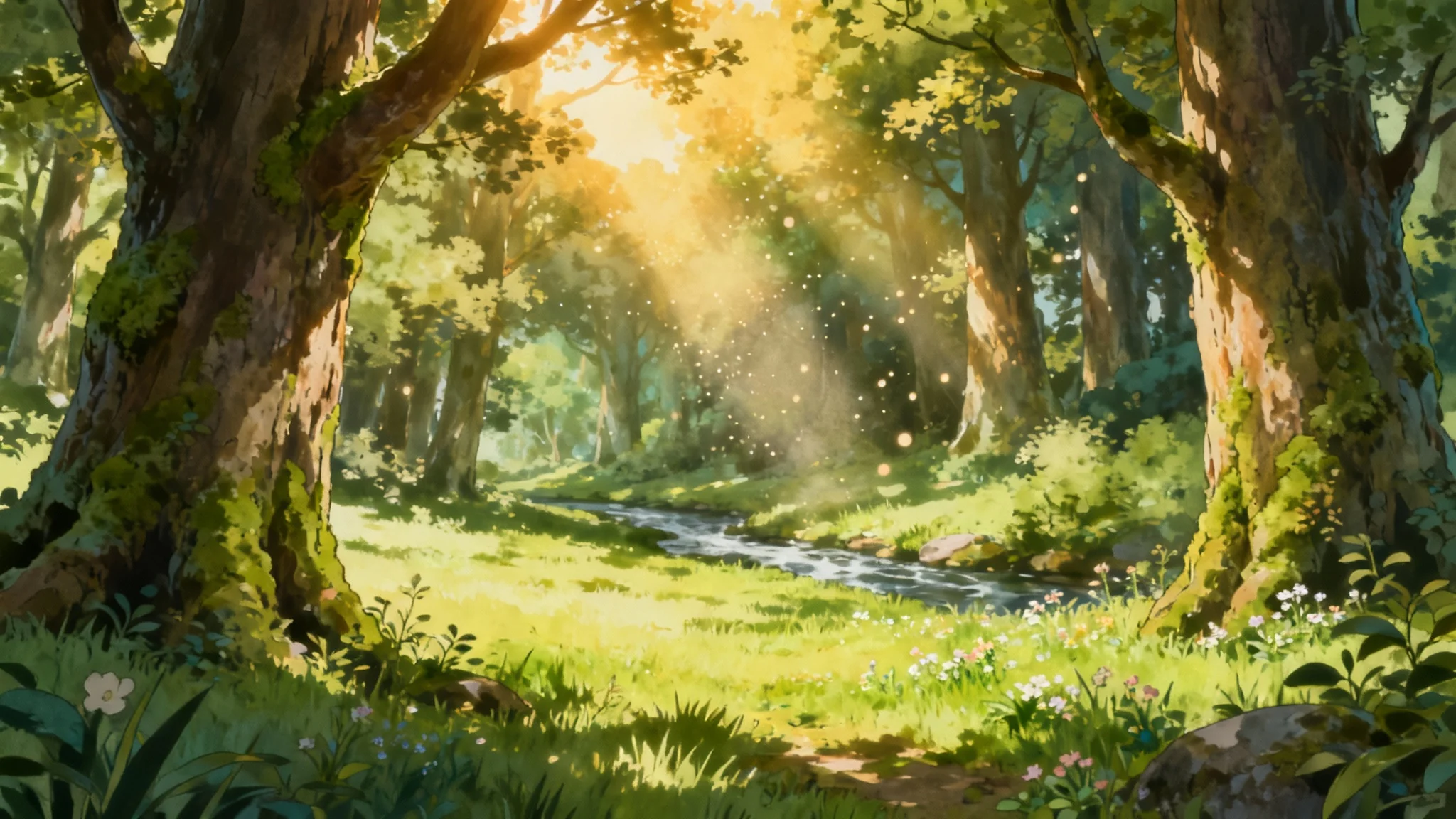 A beautiful, serene anime-style background of a sun-drenched forest clearing with tall trees and a small brook, presented as a mockup on a white background.