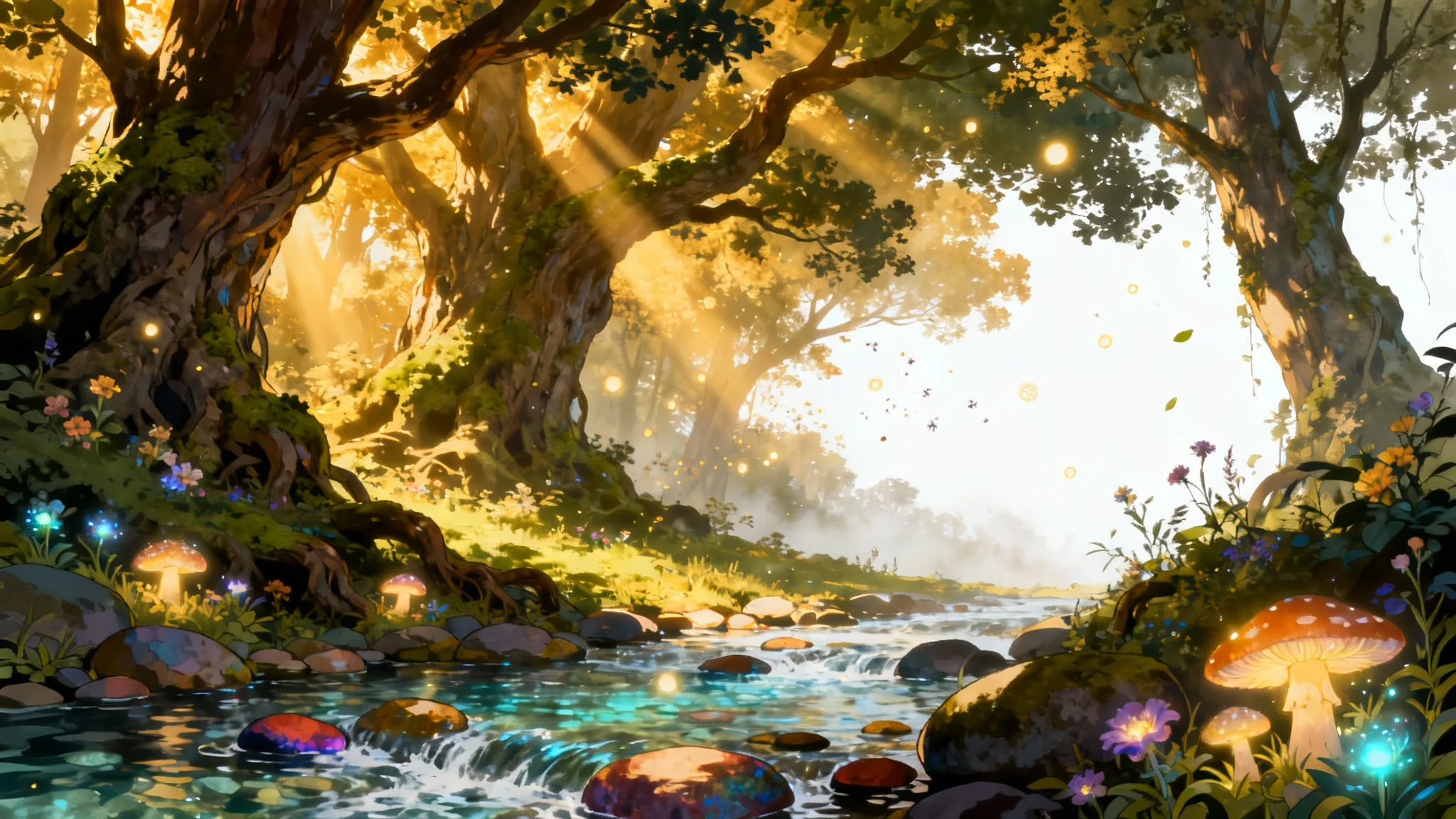 An enchanting anime-style background of a magical forest at sunset, with sunbeams filtering through ancient trees and a clear stream flowing through the scene.