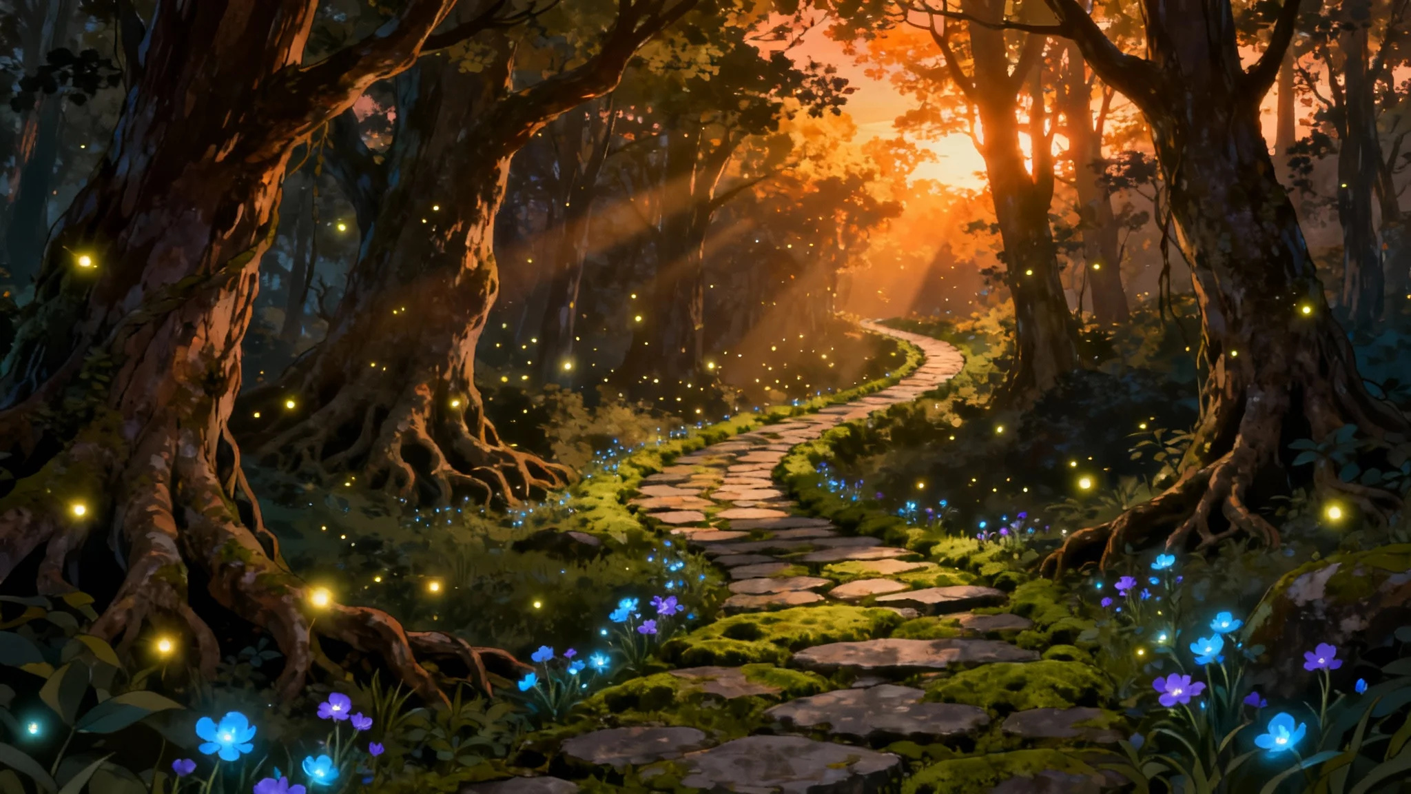 A stunning mockup of an anime-style background, depicting a magical, enchanted forest path at dusk with golden sunlight streaming through the trees.