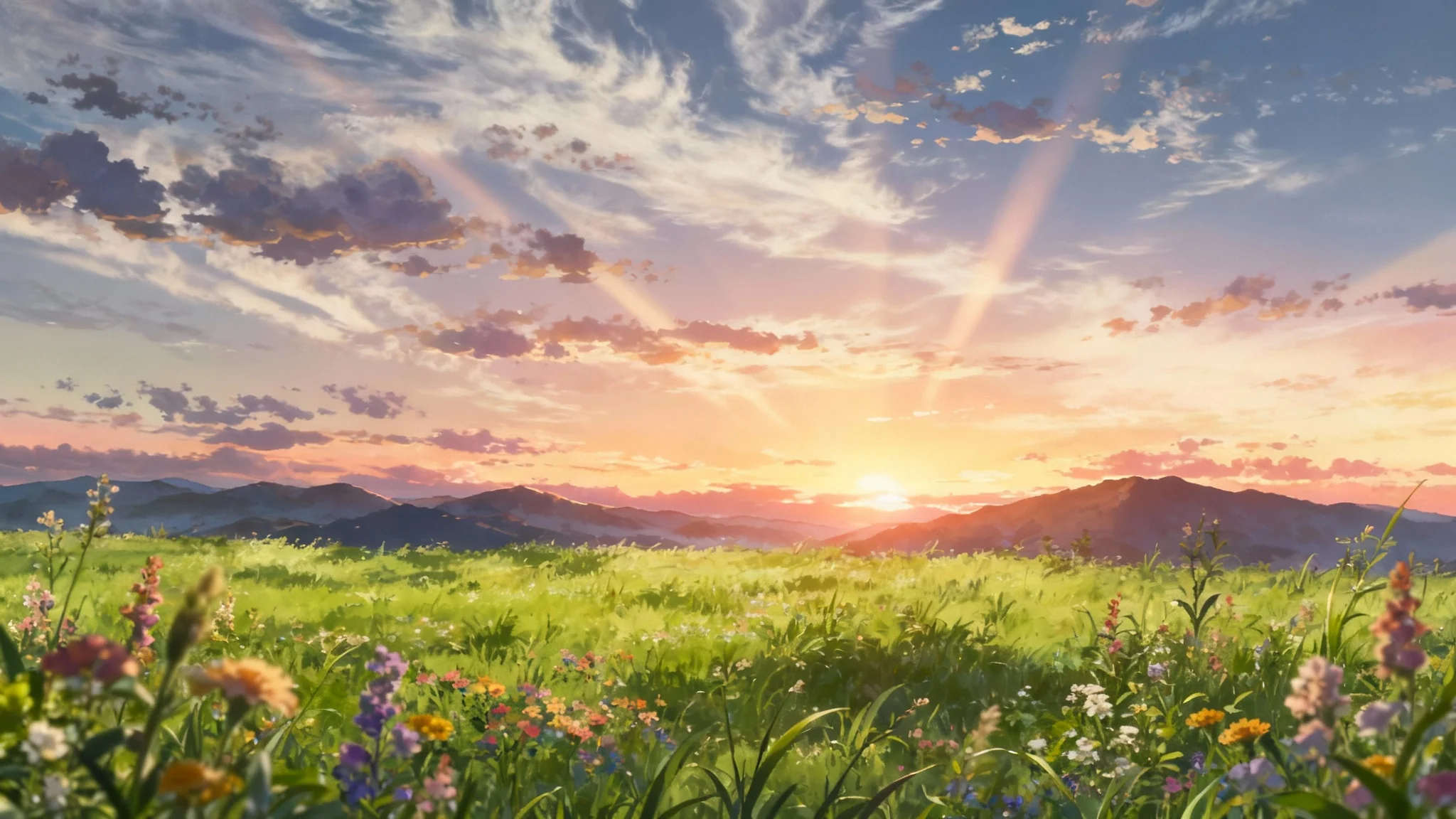 A beautiful anime-style background showing a lush green meadow with wildflowers during a dramatic sunset, with mountains in the distance.