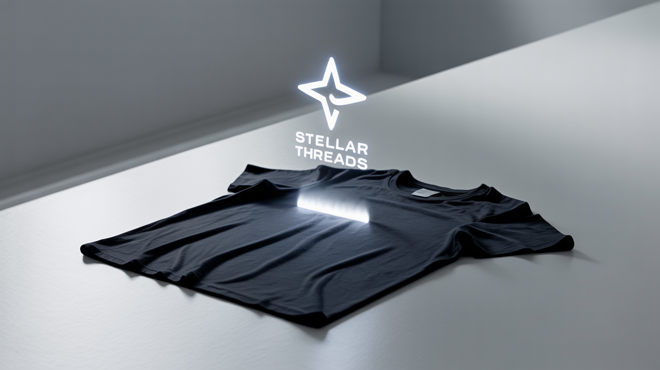A conceptual mockup illustrating logo extraction. A logo for 'Stellar Threads' is shown floating cleanly above a t-shirt, having been perfectly lifted from the fabric, all on a clean white background.