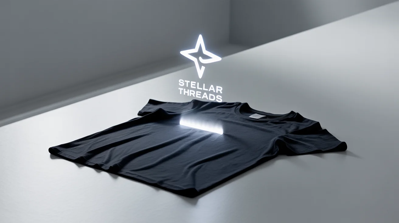 A conceptual mockup illustrating logo extraction. A logo for 'Stellar Threads' is shown floating cleanly above a t-shirt, having been perfectly lifted from the fabric, all on a clean white background.