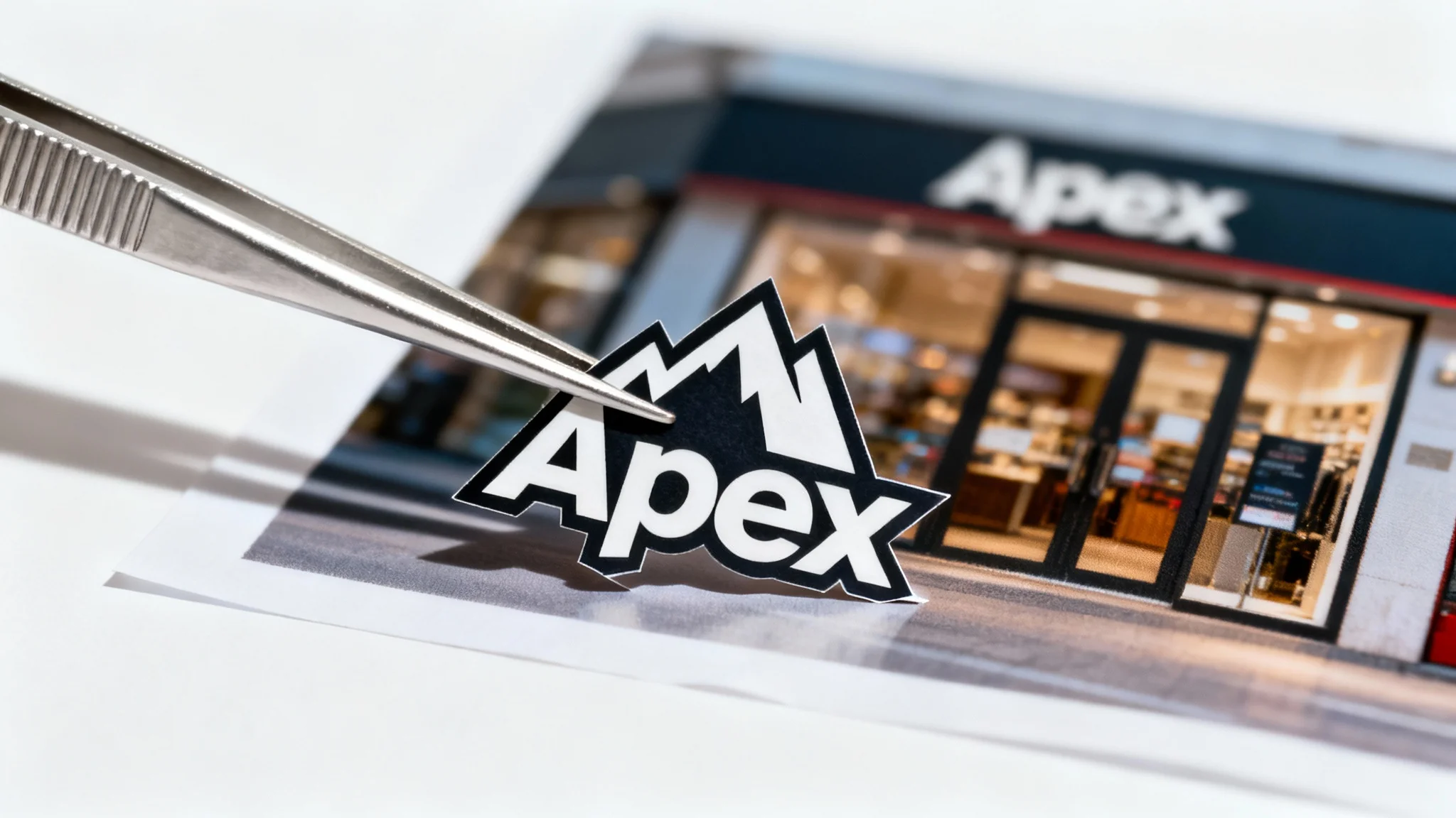 A close-up shot of tweezers lifting a stylized mountain logo from a blurry photograph, all on a clean white background, symbolizing logo extraction.