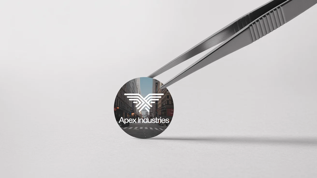 A conceptual, hyper-realistic image of tweezers lifting a fictional 'Apex Industries' logo from a photograph, symbolizing logo extraction against a clean white background.