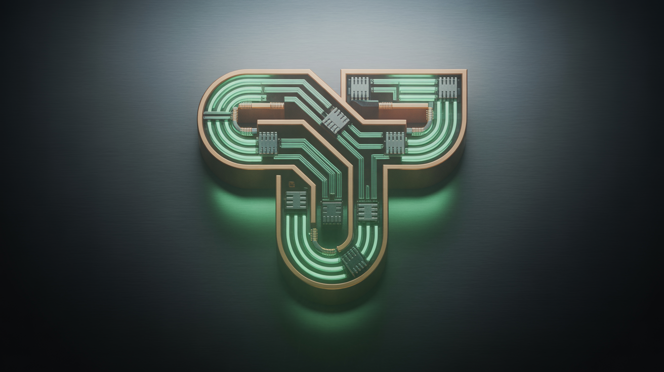 A sleek, futuristic logo intricately designed with glowing green circuit board traces and microchips on a dark background, representing a tech company brand.