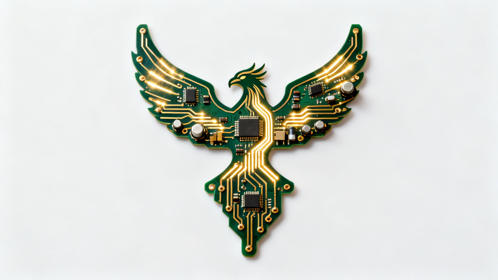 A close-up photo of a logo in the shape of a phoenix, made from a green circuit board with glowing gold traces and tiny electronic components, set against a plain white background.