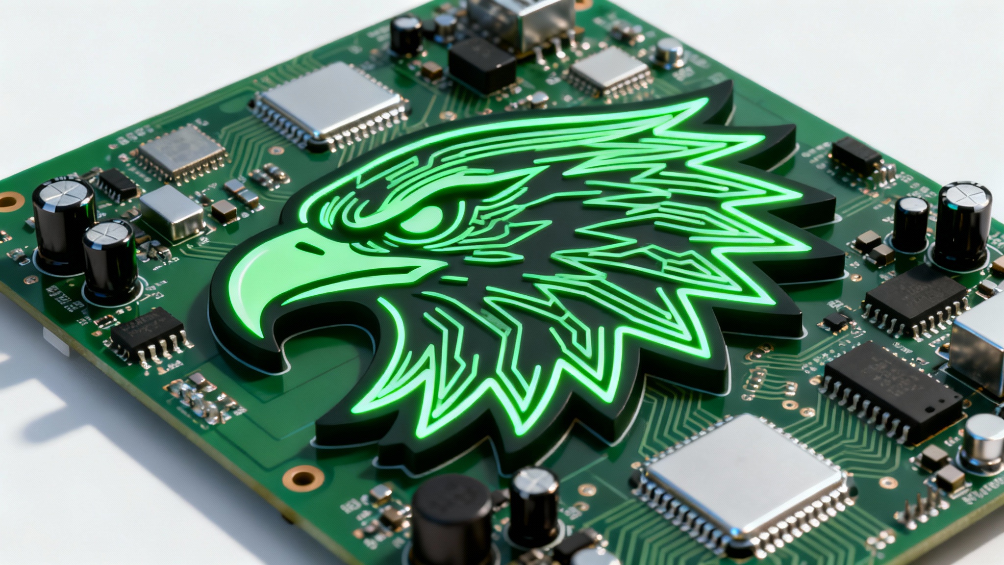 A photorealistic mockup of a high-tech logo shaped like an eagle's head, made from a detailed circuit board with glowing green lines, presented on a white background.
