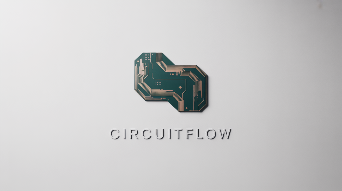 A modern logo designed to look like a printed circuit board with copper traces, with the fictional name 'CircuitFlow' underneath, presented on a clean white background.