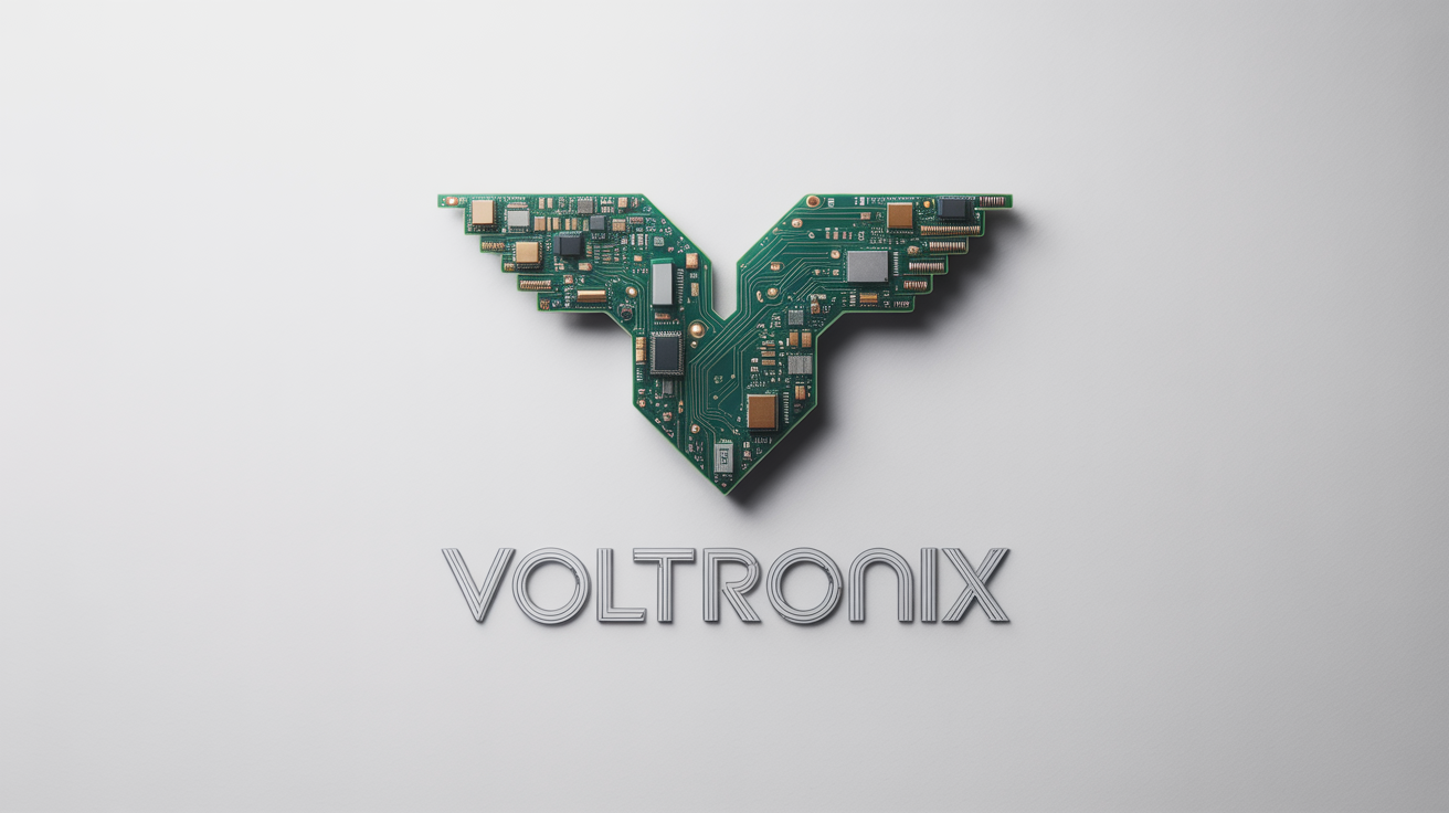 A mockup of a logo designed to look like a circuit board, shaped like a stylized eagle's head with the fictional brand name 'VOLTRONIX' below it, on a clean white background.
