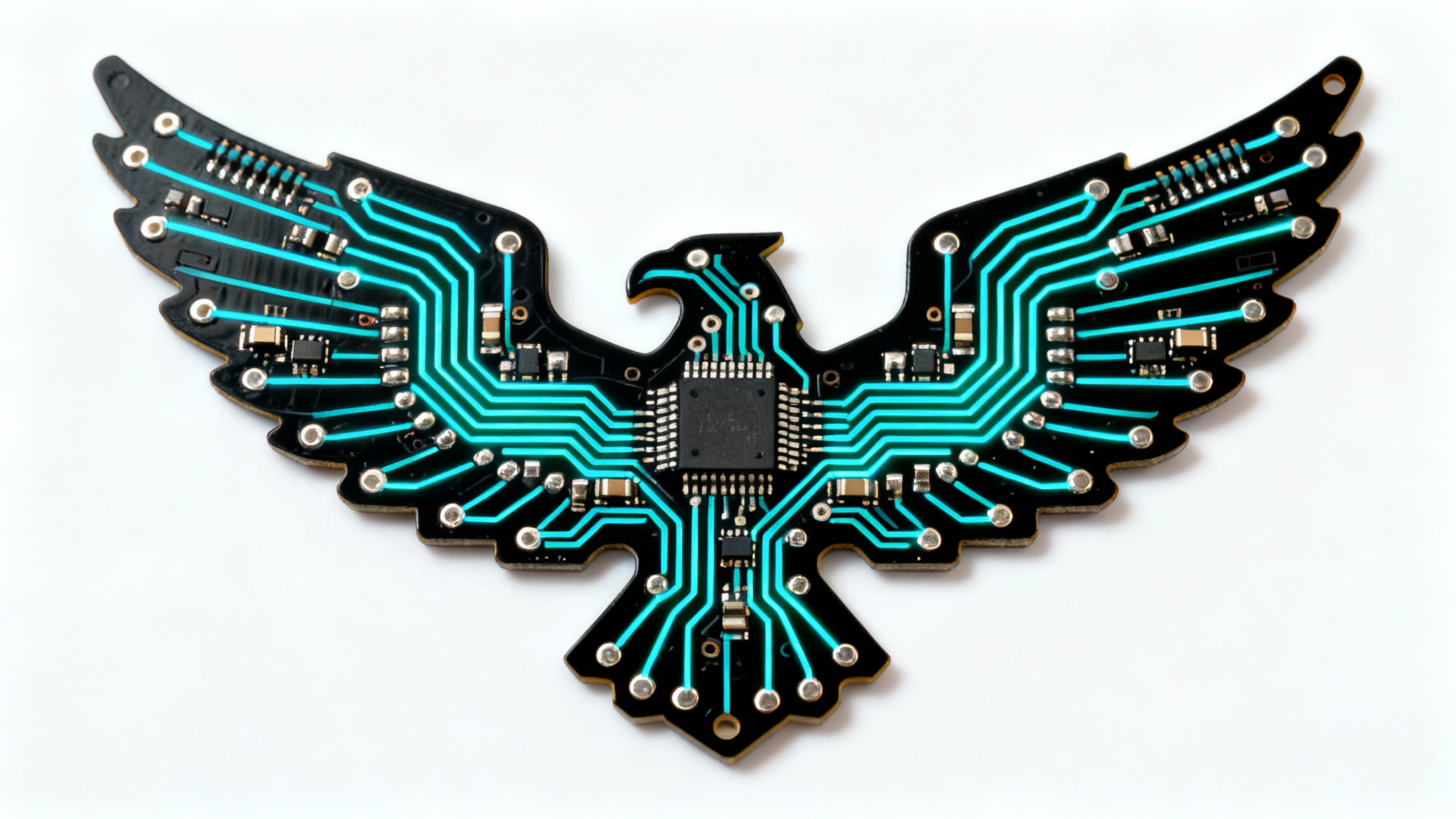 A macro photograph of a logo designed to look like a circuit board. The logo is in the shape of a stylized eagle with glowing cyan traces, set against a clean white background.