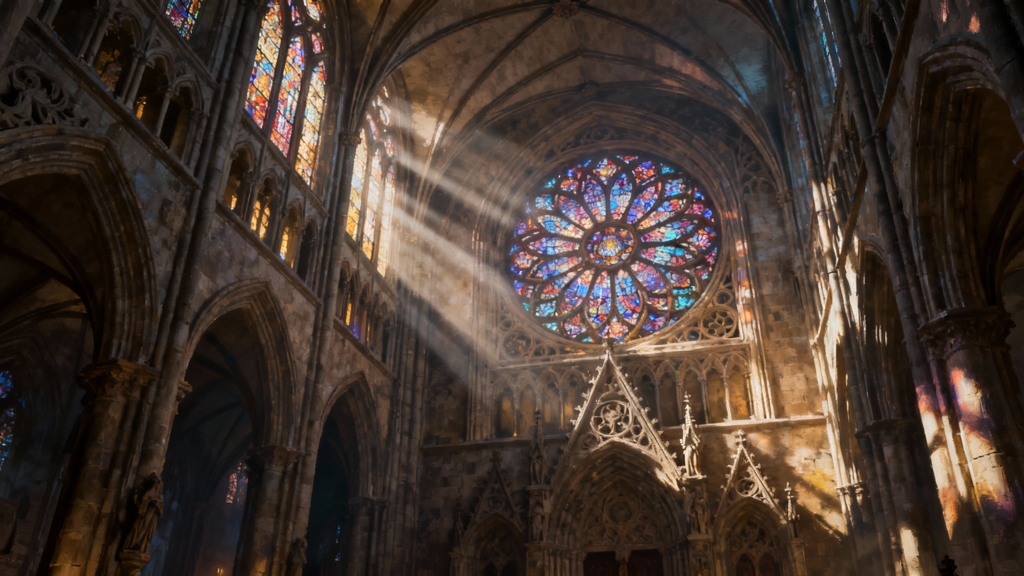A wide-angle digital artwork depicting the grand interior of a gothic cathedral, with colorful light from a large stained glass window casting long shadows across the stone floor and pillars.
