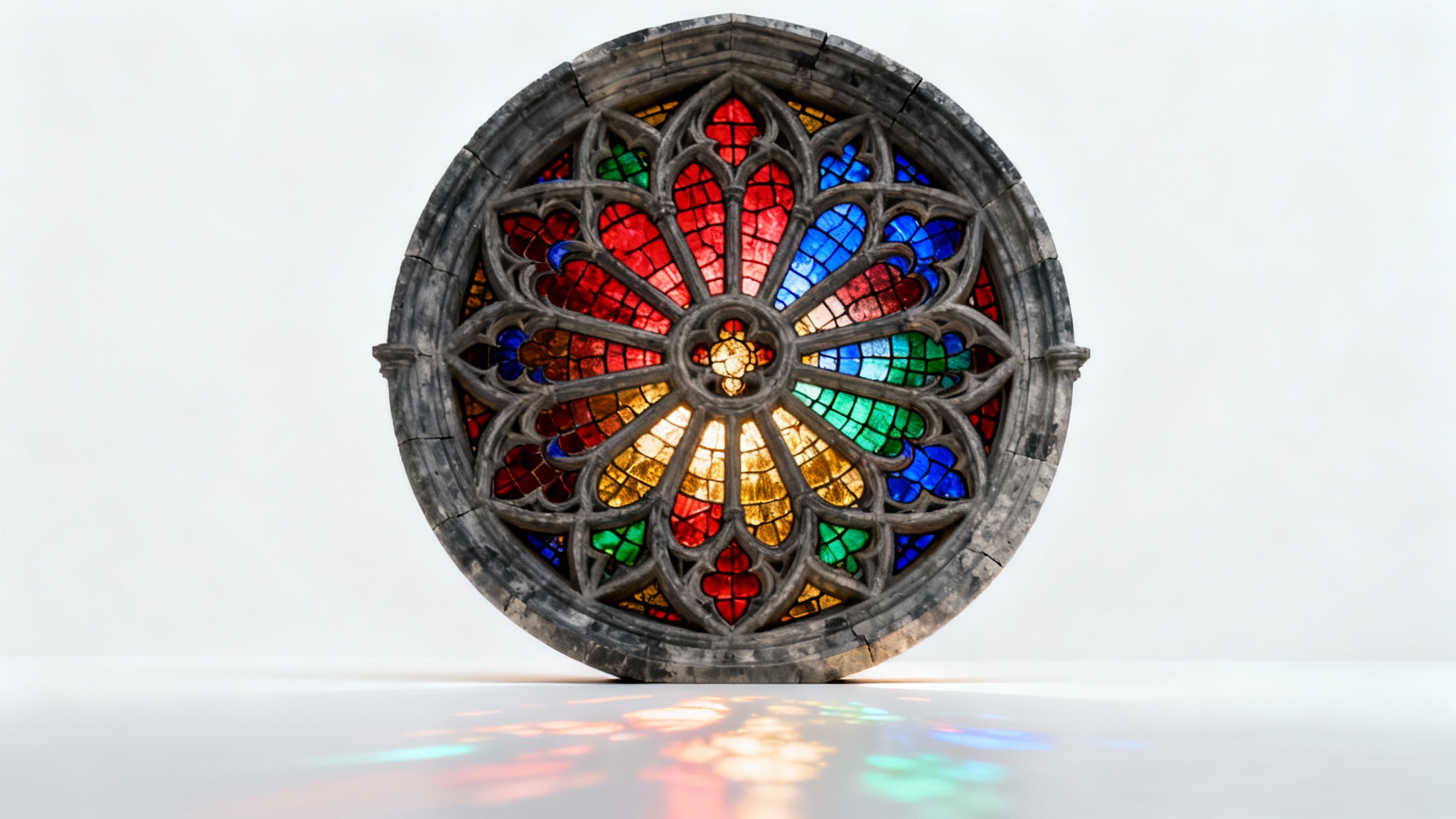 A detailed mockup of a Gothic-style stained glass rose window with intricate stone tracery and glowing jewel-toned glass, presented against a plain white background.