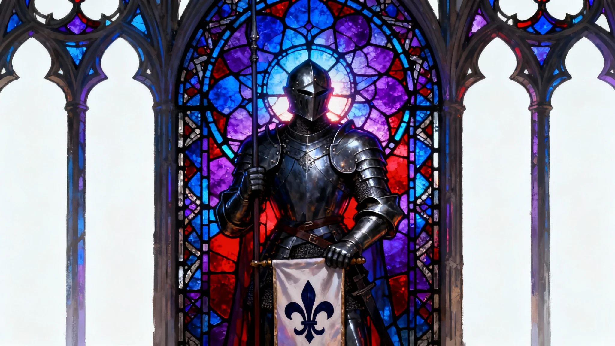 A vibrant, Gothic-style stained glass window art piece on a white background. It features a knight in dark armor, with deep blue, red, and purple colors creating a dramatic and detailed scene.